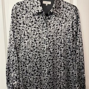 Lafayette 148 New York Black and Gray Abstract Print Silk Button-Down Shirt